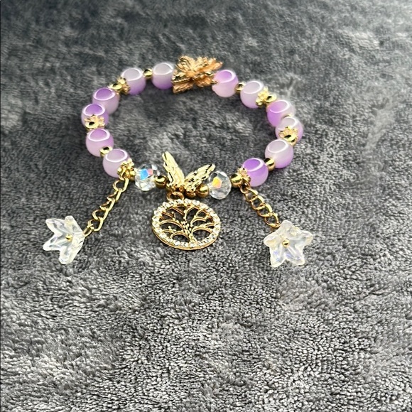 Butterfly 🦋 🌺 Flower & Tree of Life Gold & Purple Dangling 3d Charm Bracelet - Picture 1 of 10